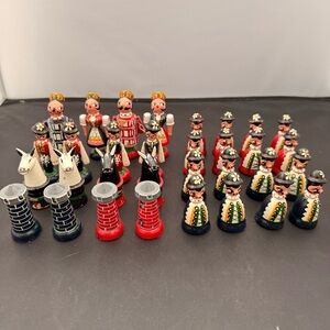 Antique Hand Painted Folk Art Wooden Chess Set Eastern European 32 Pieces
